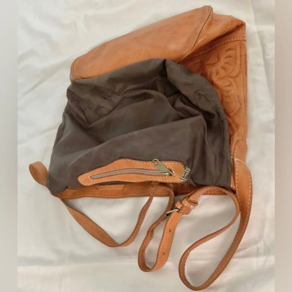 Tan Leather Bucket Bag with Embossed Detail
